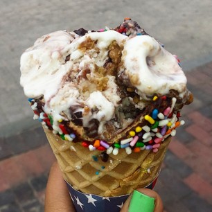 Instagram photo by jann_bam - "#Maine survivor" cone -vanilla #icecream with thick fudge swirl, reeses peanut butter cups, Spanish peanuts, and chocolate chip cookies. In a rainbow sprinkles waffle cone of course. #foodstagram #food #foodporn #instafood #nofilter
